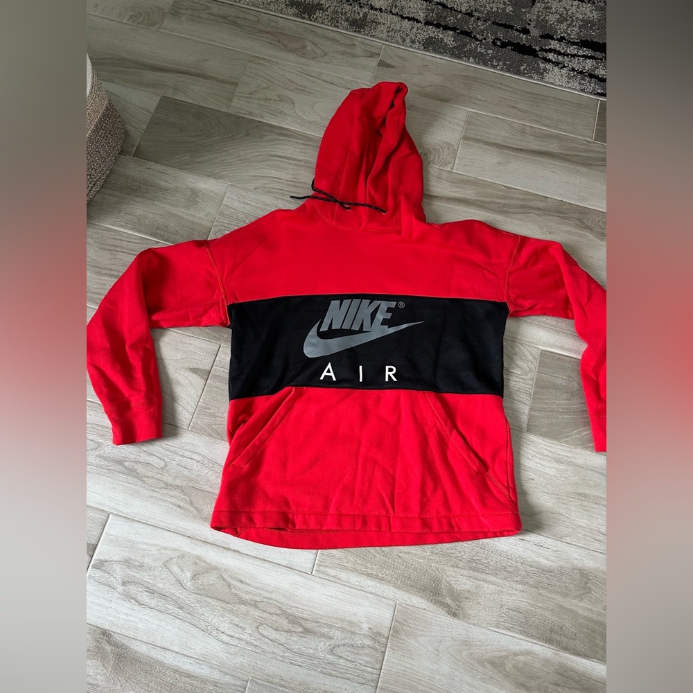 NIKE AIR Red Black ColorBlock Big Swoosh Hoodie Sweatshirt Graphic Grey, L